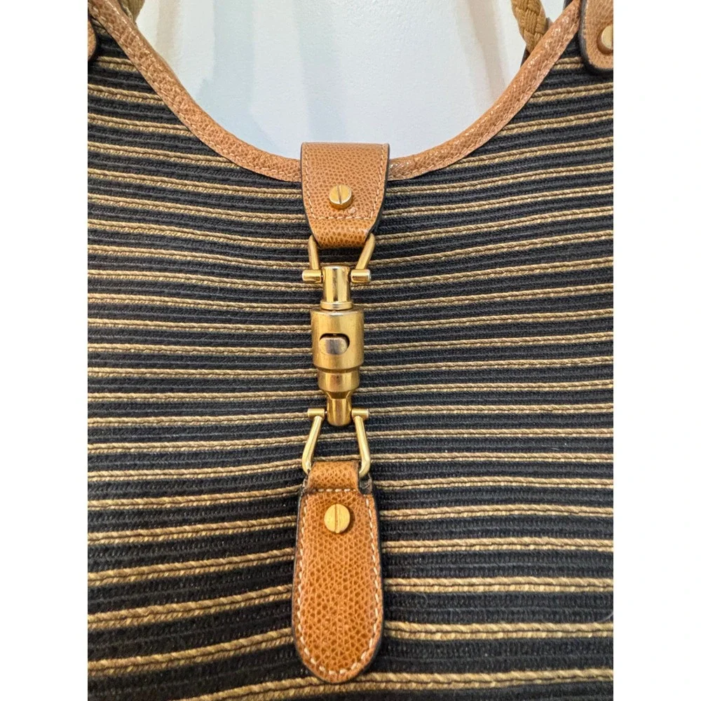 Eric Javits New York Squishee Striped Hobo Bag Black Gold Tan Leather Trim
